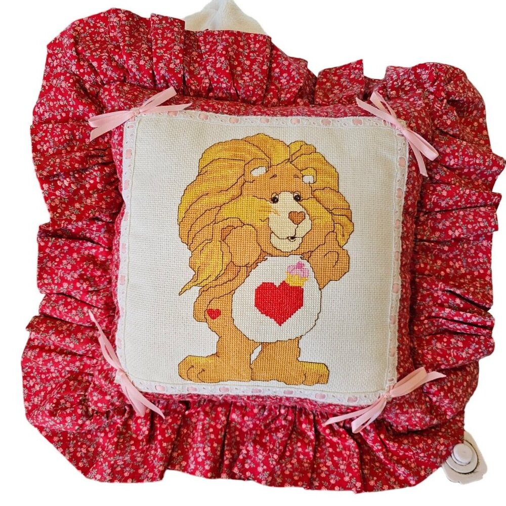 Vintage 80s 90s Carebears Pillow Brave‎ Heart Lion Cross Stitch Ruffle Floral
